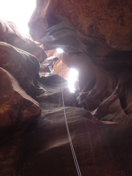 view from the bootom of the last rappel in Key Hole Canyon, Zion NP.