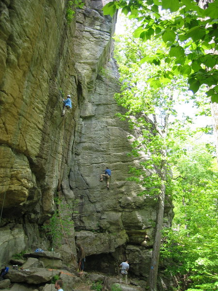 This shows the far right side of the Fisherman's Wall and the corner of the Buttress. The climber to the left is on Jane (5.11), and the climber to the right is on Buttress (5.9).
