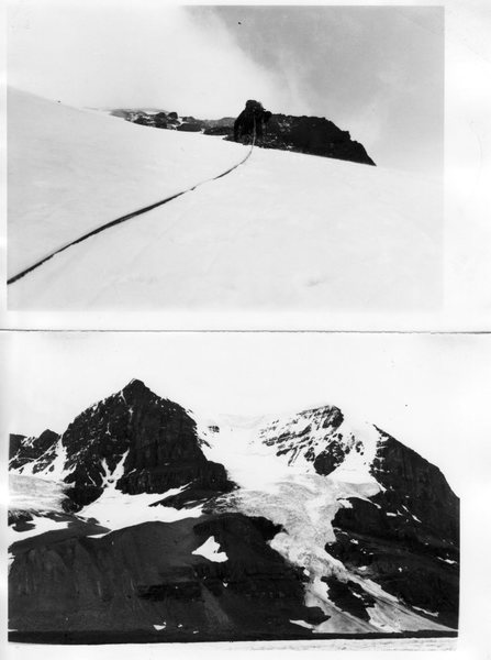Skyladder: Mt. Andromeda 1974<br>
<br>
Our Salewa screws wouldn't bite in the porous ice so we ran out every pitch "anchored" by boot axe belays or warthogs hammered into shale. Patey's definition of a roped party as "several men falling simultaneously" came to mind. Often.