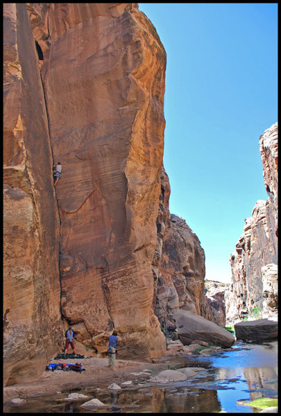 Joe Garcia jamming the excellent crack of Stick It at Winslow Wall while Deidra belays. Photo By Manny R.