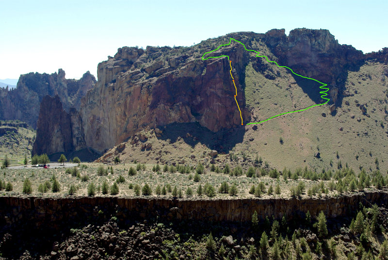 Moscow (5.6) on the Red Wall as seen from across the way by Staender Ridge. Yellow lines are the 3 pitches we climbed, and the green line is the 4th class scramble and then the regular trail back to the base.