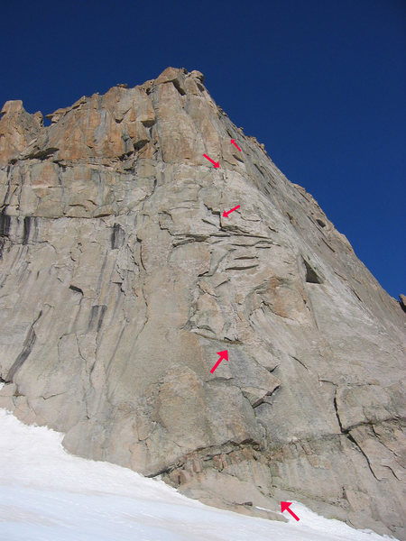 East Prow route. Arrows show the start and pitch 1-4 belays as described by Rossiter.