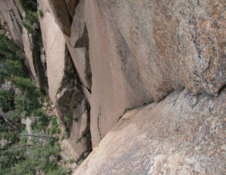 Looking down at the crux from directly atop.