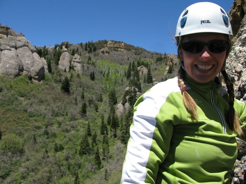 Maura at the belay, pitch two of Slamfire. Notice the "Scary Monster Rock" to the left.