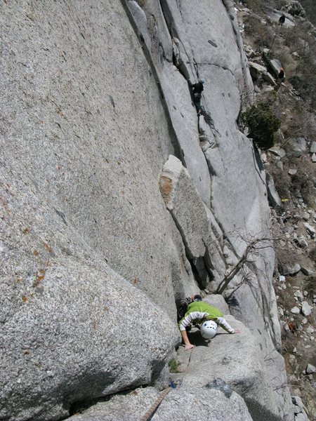 Maura on the first pitch of Schoolroom West.  A climber is on Schoolroom in the background.