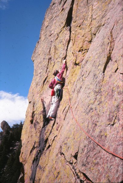 Rewritten: Eldorado Canyon 1978<br>
<br>
Beginning the handcrack on the 4th pitch. One of the best moderates in the Canyon.