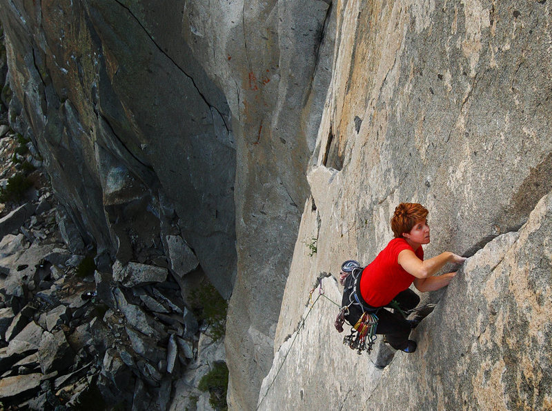 Passing the crux of Wages of Skin, Mary Devore cruises to the top of the route.