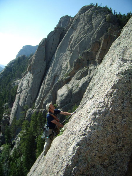 Bill Duncan following the fantastic first pitch of Melvin's Wheel (5.8 +). The Bookmark. Lumpy Ridge Colorado. June 29th 2008. (Behind is the Bookend and Hot Licks with its wide crack cutting through the heart shaped block near the top).
