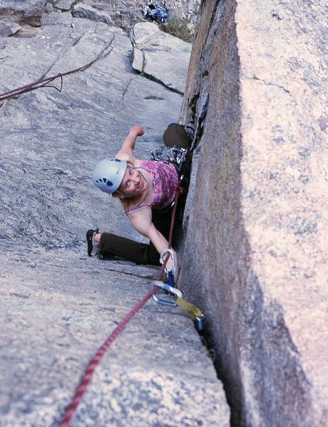 Kat A. follows the old-school 5.9 'Cosmosis' on Bell Buttress in Boulder Canyon. Photo by Tony Bubb, 6/08.