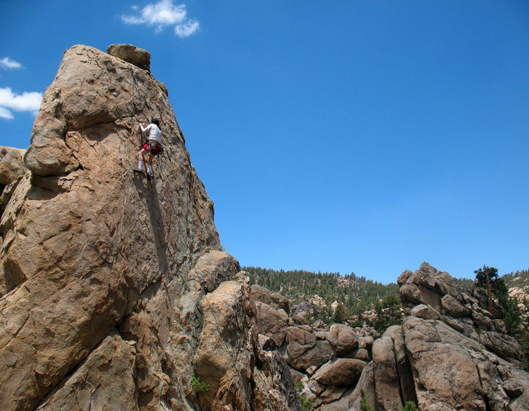 Craig Britton following on Shoot at Will (5.8), Holcomb Valley Pinnacles