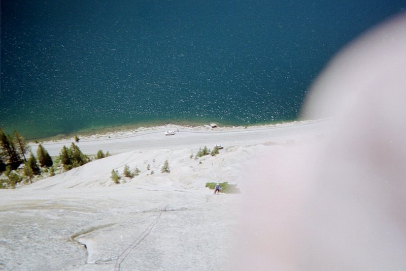 Looking down at Deanna on West Country (5.7), Stately Pleasure Dome, Tuolumne.