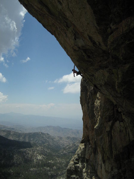Vince in a 5.13 that has seen no red-points since EFR got the first ascent. But we know, the place isn't really all that great, chossy rock, no views, etc...<br>
In the shade: hangdogging my way up Hard day at the Orifice.<br>
Photo by Maite Guardiola.