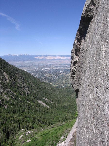 View of the valley from the top of the first pitch - P1: EllsWorth McQuarry Route<br>