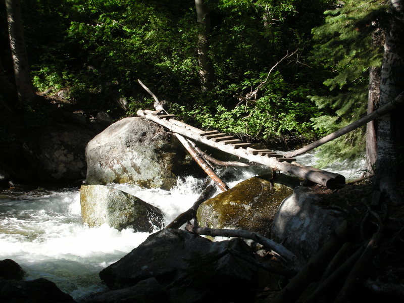 The rickity bridge crossing on the main Bells Canyon trail that leads to the base of the climb in about 15 minutes