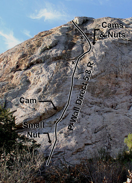 Updated topo of P-Wall Direct. Still runout & a bit spooky (cuz of lichen), but a really, really great route. The pro is there if you search for it.