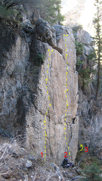 Treasure Island<br>
1) Pirate Booty 5.10b<br>
2) Blood Ruby 5.11d<br>
3) Buried Treasure 5.10a