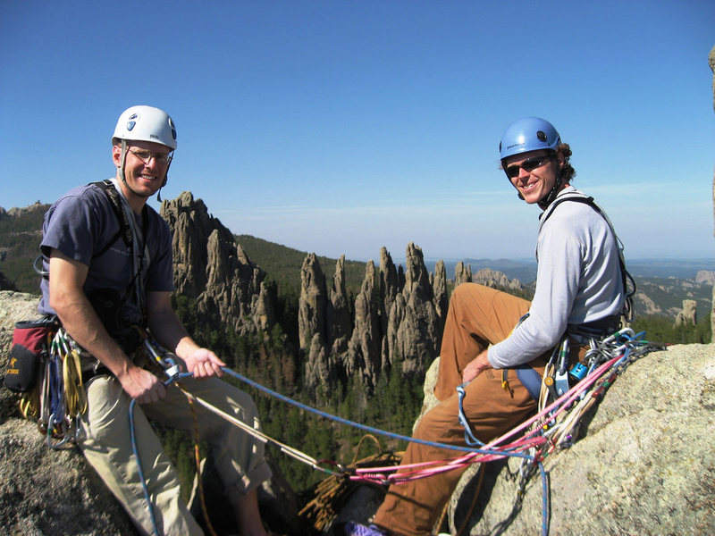 Jay and I at the summit of Spire 2, picket fence in the background.  June 08.  Photo Aaron Costello.
