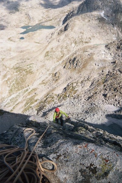 Emily Isaacs on the lower portion of the Ellingwood Arete.