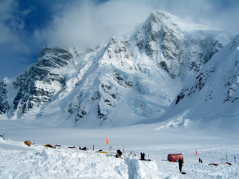 Kahiltna Base Camp with the Moonflower Buttress of Mt Hunter on the far left