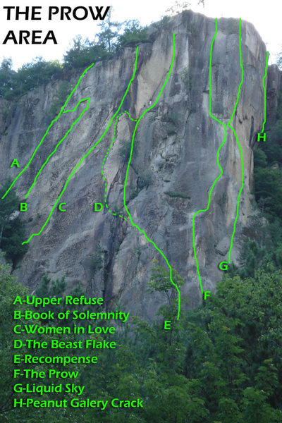 Some of the main routes on The Prow Area... The lines are not exact but good enough to get you where you're going...