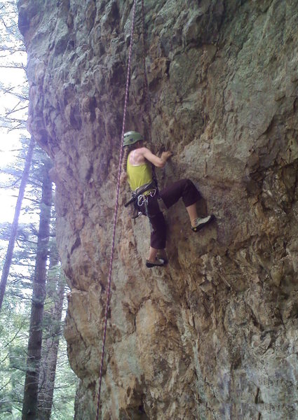I never managed to climb this whole route, but did all but one section at different times... must go back soon to divide and conquer... or be vanquished again... :-) This just looks so do-able until you're on it!! Alas, my new route has one spot that is too thin for me right now, given the overhanging factor. Training must commence.<br>