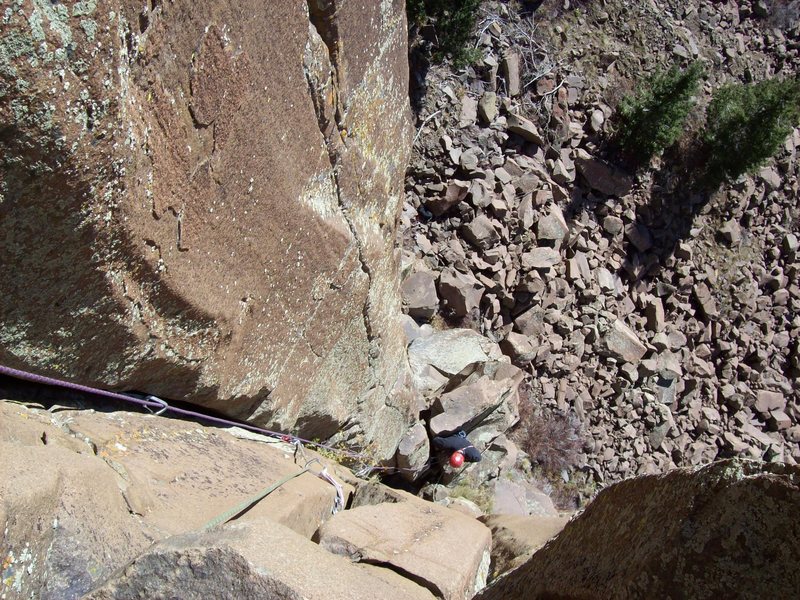 Looking down from the first belay.