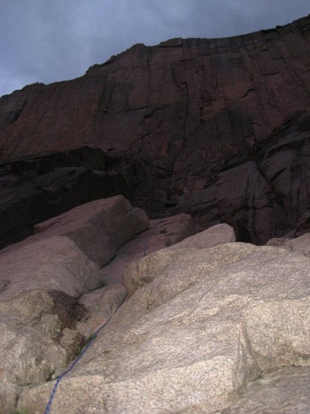The Start of North Chimney -- It's better to stay on these slabs instead of taking the glacier and chimney up to the right.
