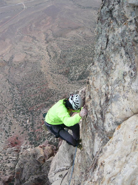 Todd getting some good exposure on the final moves of the route.