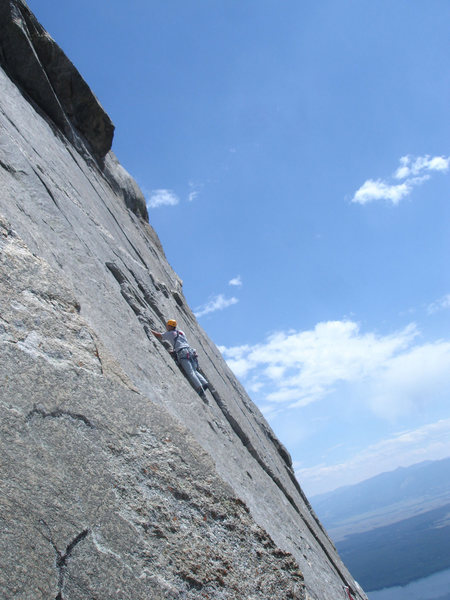 The beautiful airy interlude of the great traverse pitch on Mount Moran's Souith Buttress Right