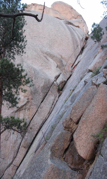 Pitch one and 2 are visible the belay for pitch 1 is marked to help with confusion. We belayed just above what should be the crux of P2. Oops.