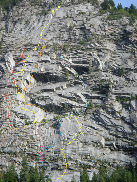 Red line...Tree Route<br>
Yellow line...House of Cards<br>
Orange Line...Direct North Face<br>
Blue Line...Nanook of the North<br>
Pink dashed line...1970's direct start