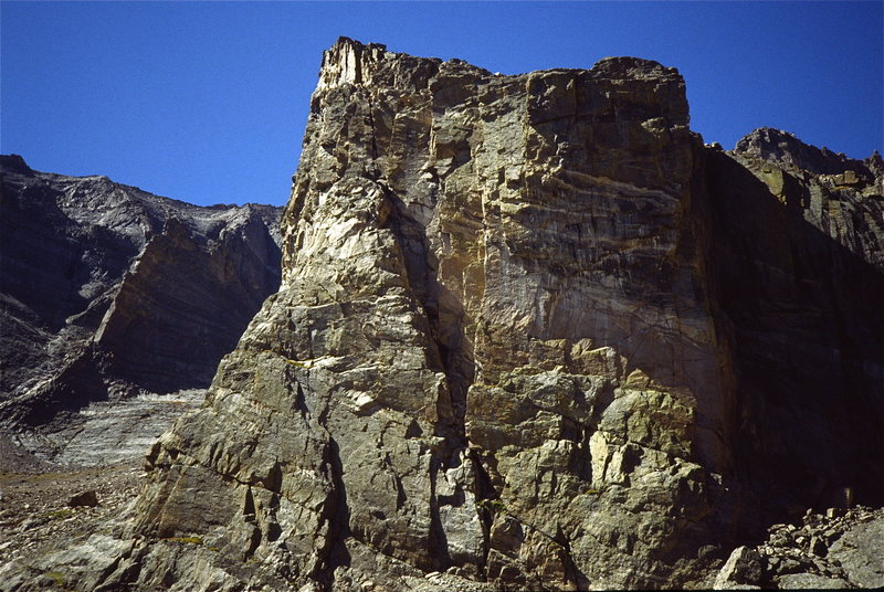 The Ship's Prow. Portal takes the prominent, left-facing dihedral directly up the center of the wall. The Flying Buttress is visible to the left.