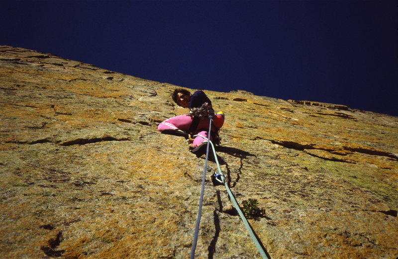 Tom Sciolino on the lower section of the Yellow Wall.<br>
Aug of 88.