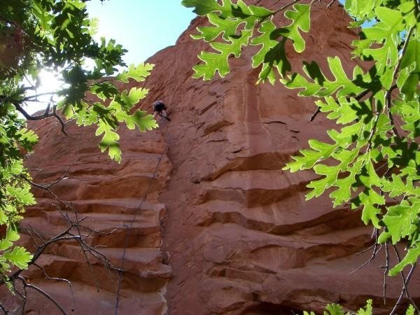 Cresent Corner, 5.9+ on South Gateway. fun moves, and somewhat well-protected.