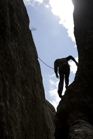 HJ Schmidt prepares to step onto the route at the bottom of Overexpsoure.