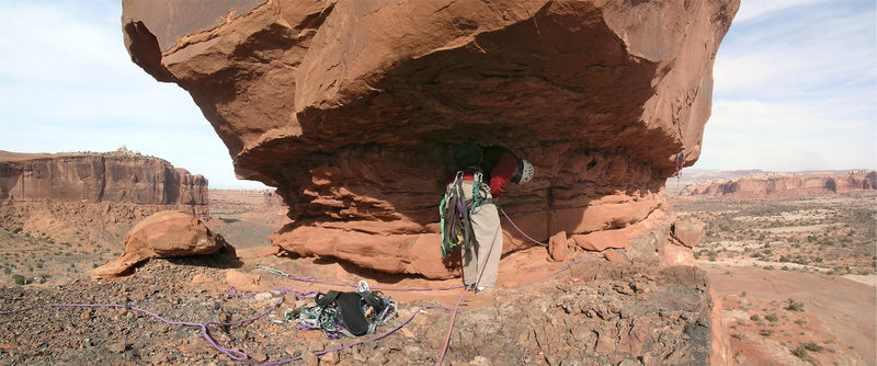 A pano shot that gives a good feel for what the ledge is like at the top of the first pitch.<br>