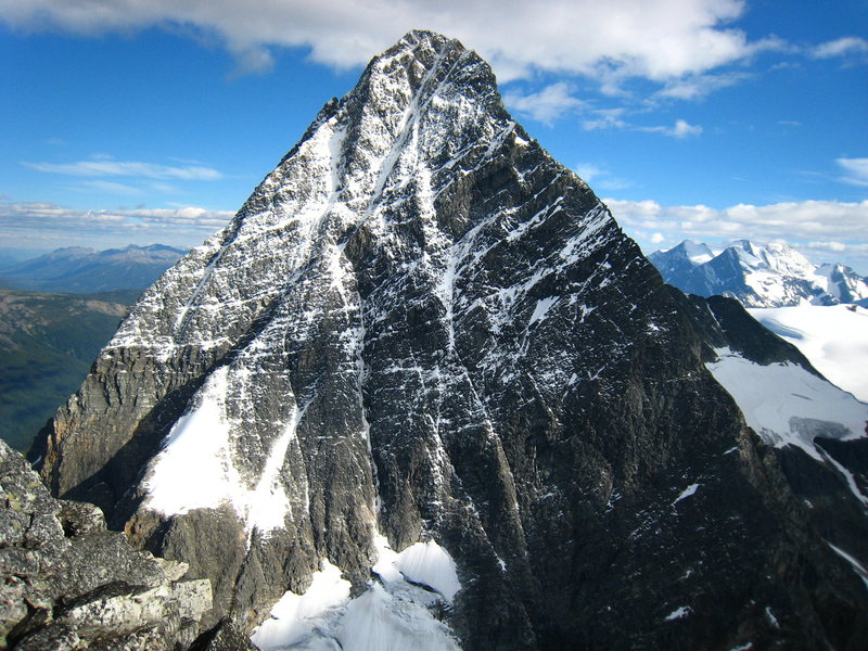 North Face of Mt. Sir Donald. NW Arete forms the right skyline ridge. The N Face was climbed mostly unroped by Beckey & Chouinard in '61 and only repeated once or twice.
