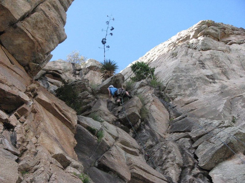 Christian on the finish of "Do You Want To Live Forever" with "Toa Of Choy" finish to the right where the rope is! I originally posted the pic with the wrong climb, anyway here is the correct photo with the correct climb. Sorry for the confusion.<br>
<br>
Photo: Andy T.