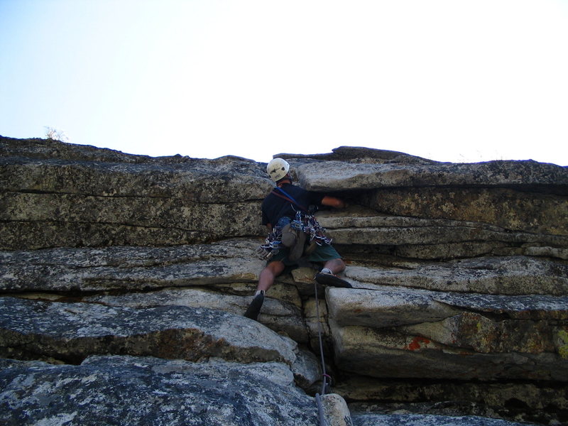 The summit overhangs. An excellent finish to an excellent route!!