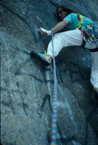 Crankin' the crux of CCC years ago when the graffiti was still on the first pitch.