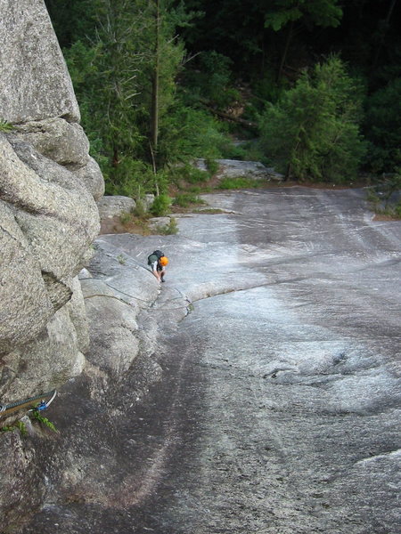 Brad just past the crux on P2 of Freeway.