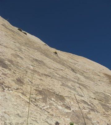About a 140'up on the second pitch.From here the climb moves up to the left to reach the ledge and small bushes above.Photo Layne Potter.