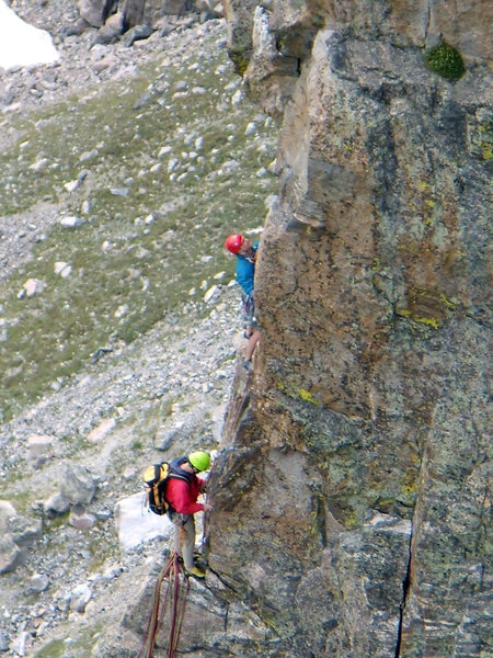 Two climbers nearing the summit ridge on the Petit Grepon. Photo taken from the Southwest Corner of the Saber. Sunday August 31st. 2008.