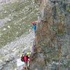 Two climbers nearing the summit ridge on the Petit Grepon.  Photo taken from the Southwest Corner of the Saber. Sunday August 31st.  2008.