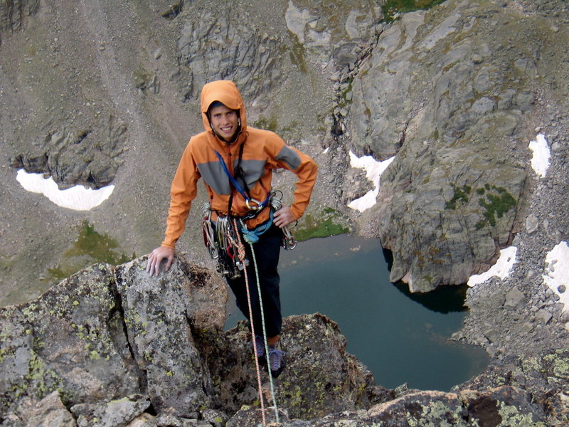 Jordon Griffler at the summit of the Saber just as the rain moves in. All in all, a great day out. Time to get down though, just wet no lightning. Aug 31st. 2008.