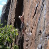 Doug S., totally pysched to be climbing the best jam crack in CT. 