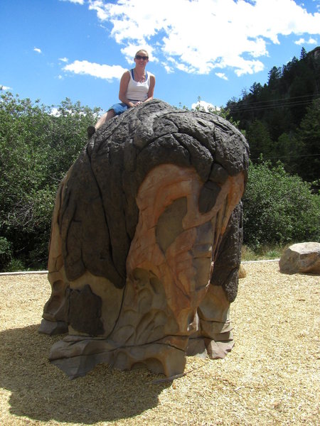 The elephant bouldering structure in the playground across the street from the parking area for Sandstone Buttress (you cant miss it!).