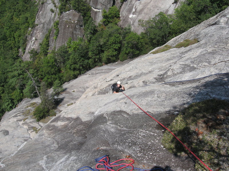 Stinson following the P3 water groove...crux pitch.