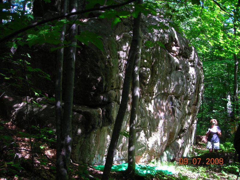 Found a boulder in the woods? There were a few slightly chalked holds down low - looks like some one worked a low traverse. There are some good problems on this gem.