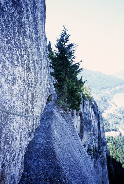 Not a great shot, but you can see what the traverse is like in this shot, taken at perhaps 11am, befor the sun hit. Peter Spindloe is at the end of this traverse. Photo by Tony Bubb 7/08.